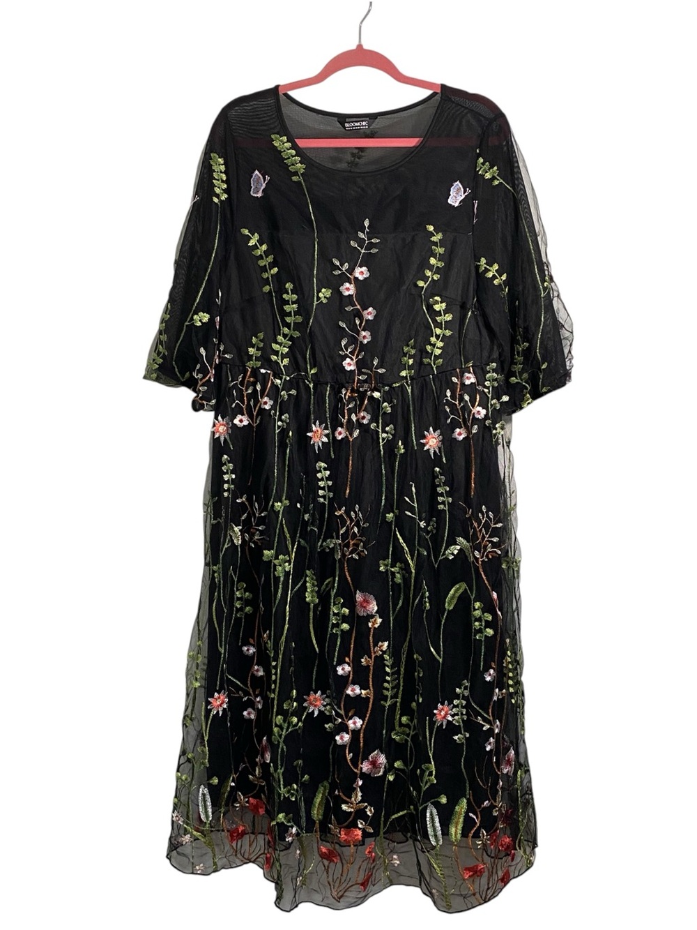 BloomChic Black Mesh Overlay Dress With Floral Embroidery